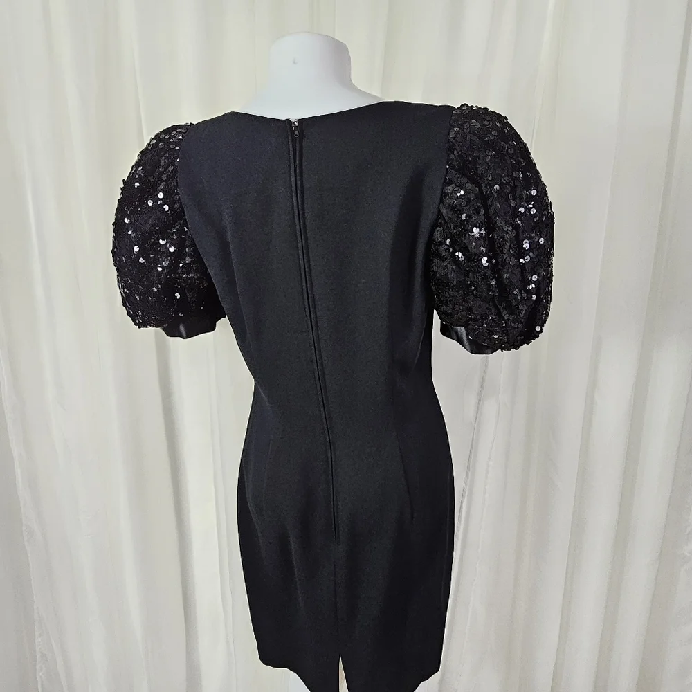 Vintage Morton Myles black sequin puff sleeve cocktail dress sweetheart neckline